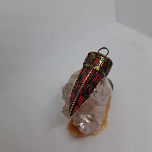 Tibetan Brass Red Coral Hand Inlayed Horn Tooth pendant 2 1/8" L x 3/4" - Picture 3 of 16